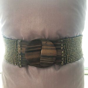 Bronze Metallic Beaded Stretch Belt With Wood Buckle